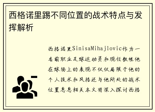 西格诺里踢不同位置的战术特点与发挥解析 西格诺里踢不同位置的战术特点与发挥解析