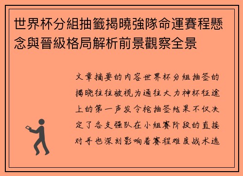 世界杯分組抽籤揭曉強隊命運賽程懸念與晉級格局解析前景觀察全景