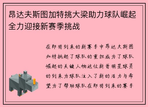昂达夫斯图加特挑大梁助力球队崛起全力迎接新赛季挑战 昂达夫斯图加特挑大梁助力球队崛起全力迎接新赛季挑战